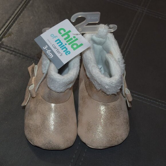 New! Child of Mine bY CARTER'S 3-6M Gold Sparkle Faux Fur Lined Boots Booties - Picture 2 of 5